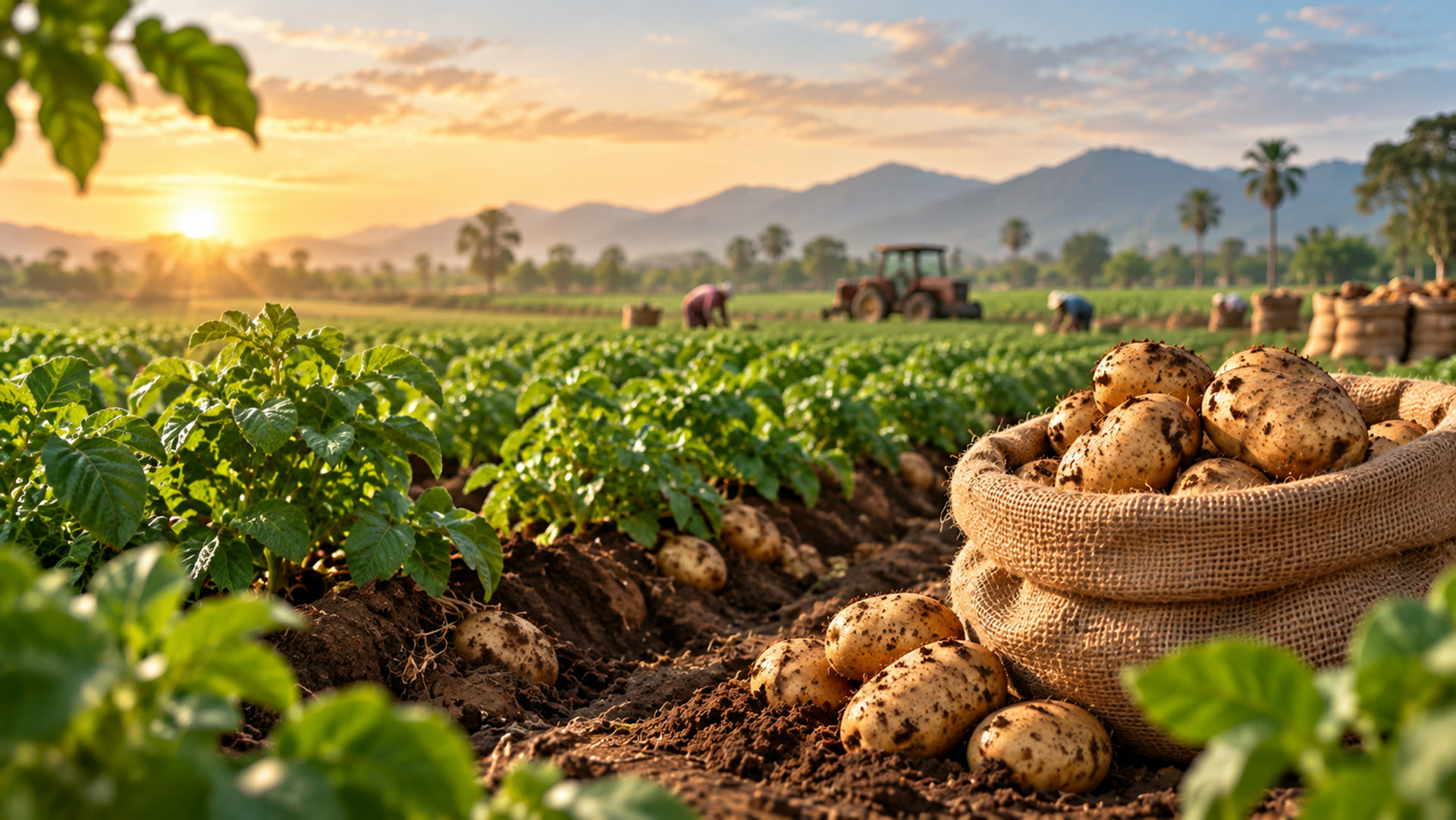 Potato harvest at an Indian farm at sunset
