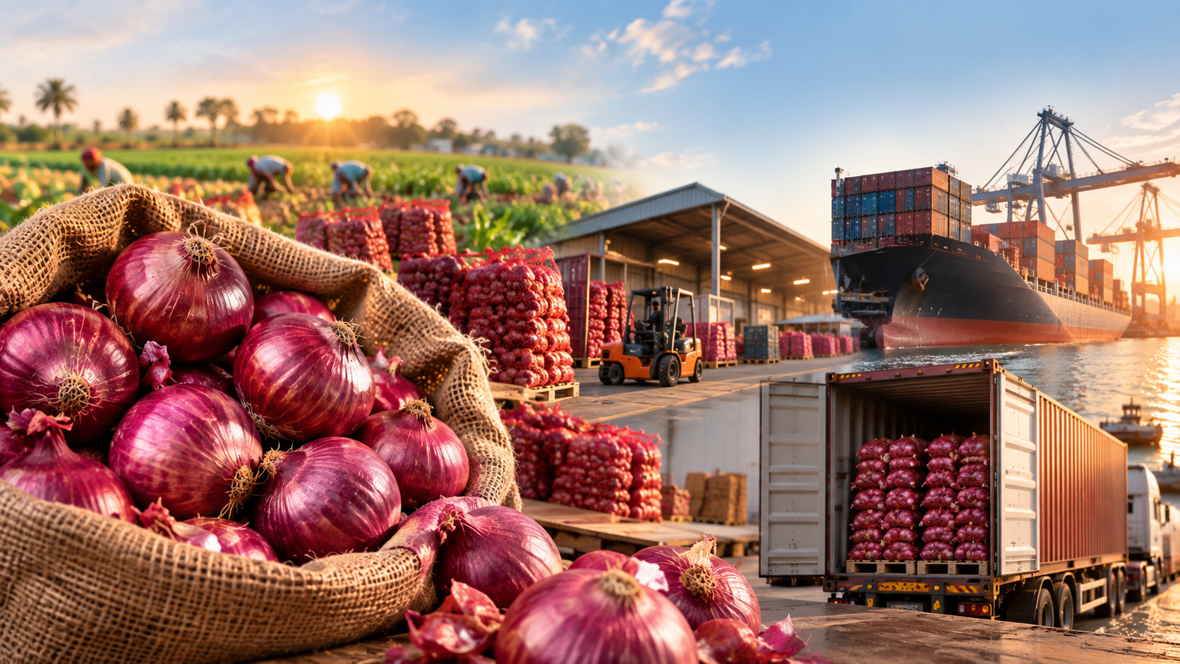 Export-grade onions stored in crates at a Red Impex warehouse, ready for shipment
