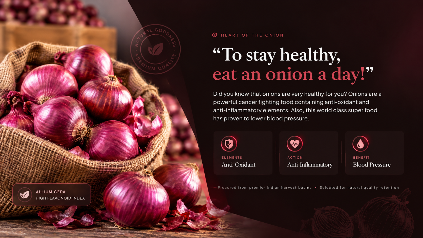 Fresh red onions harvested by Red Impex, packed in a burlap sack on a rustic wooden surface