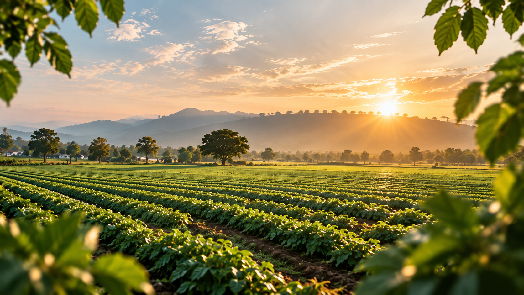 Farmland fading into export port at dusk