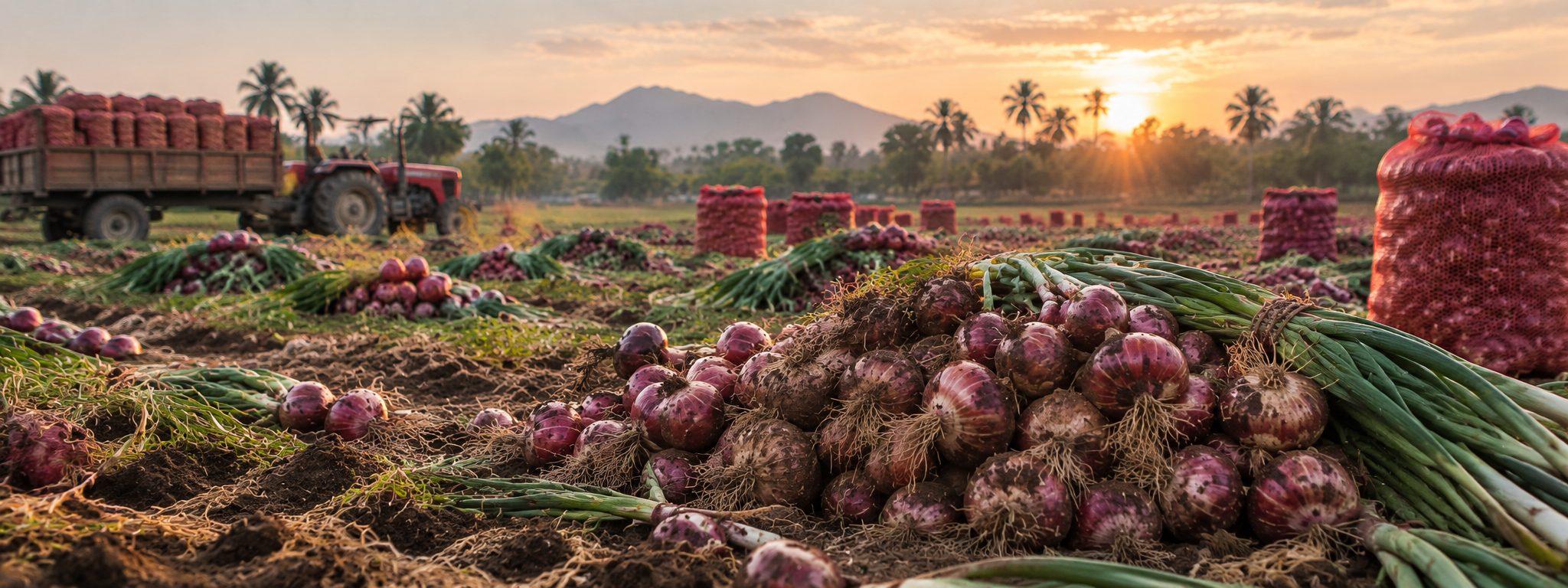 Onion harvest and export bagging at Red Impex farms during sunset