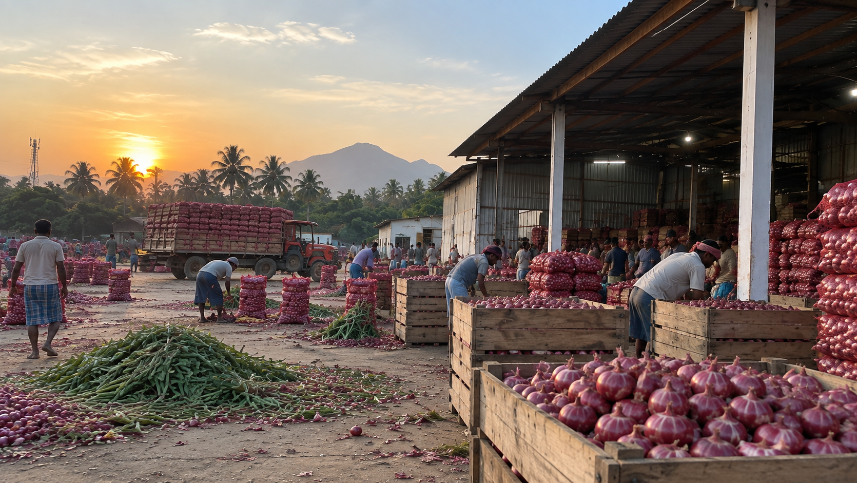 Red Impex onion sorting yard at sunrise, Chennai
